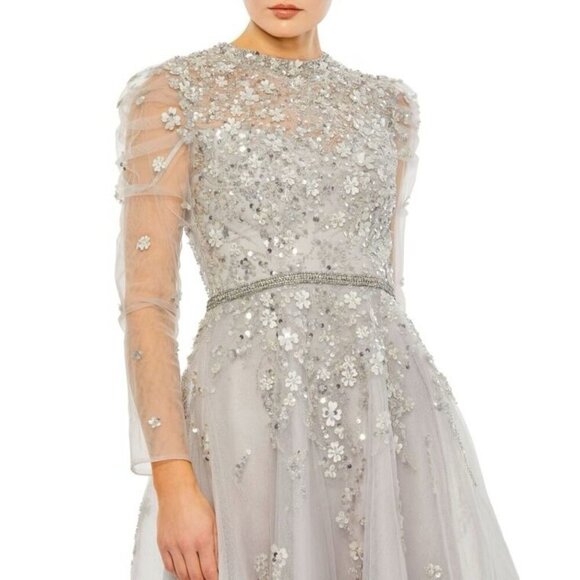 New Mac Duggal Size 4 Gray EMBELLISHED LONG SLEEVE A-LINE MIDI Cocktail Dress - Picture 3 of 11